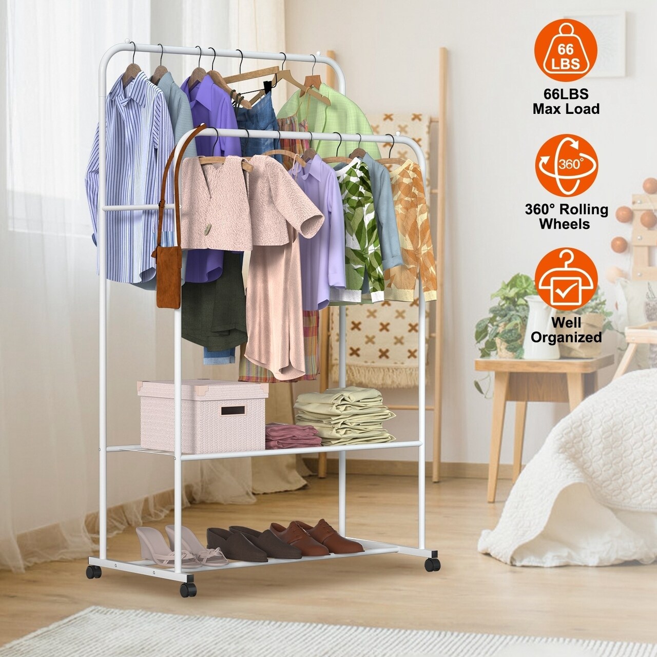 Heavy Duty Garment Rack Clothes Organizer Rolling Wheel White Storage Stand 66Lbs